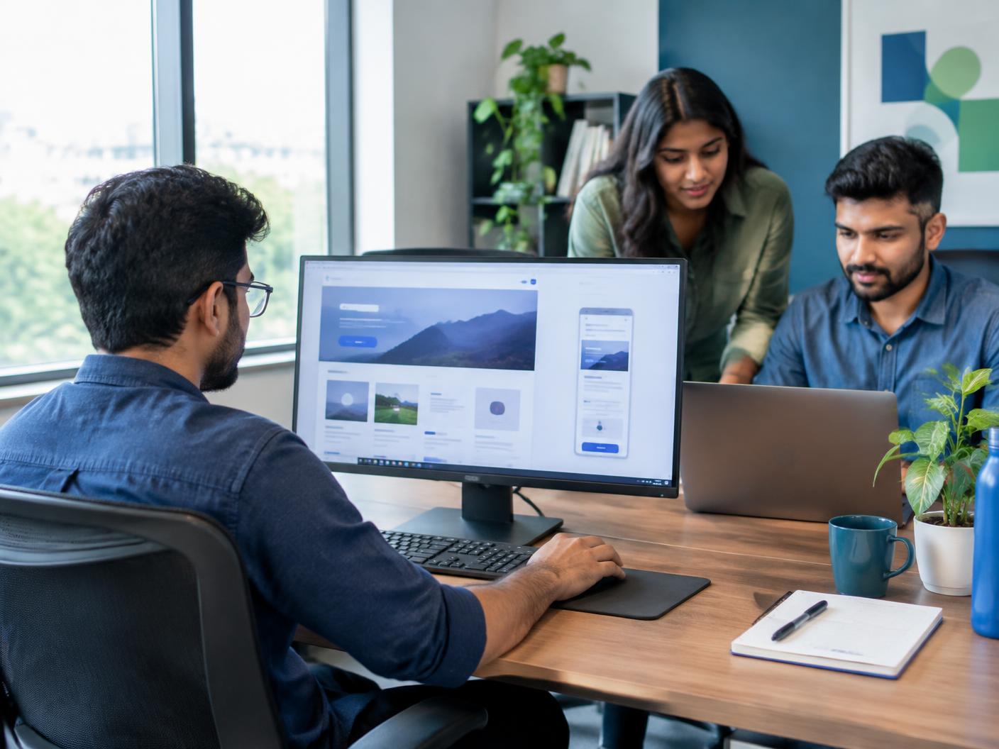 A team collaborating on a website design